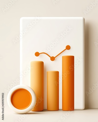 Minimalist 3d illustration of business growth chart with orange bar graphs and trending data for financial analysis