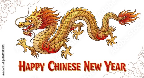 Colorful Chinese New Year dragon illustration with fireworks.