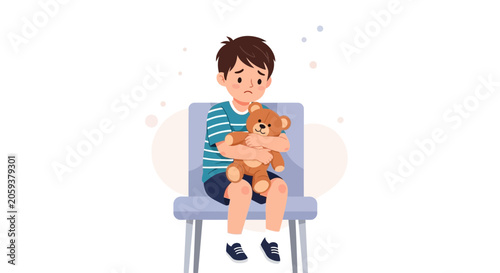 Sad boy sitting on a chair hugging a teddy bear, illustrating emotions like loneliness, anxiety, or sadness. Vector illustration.
