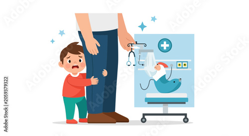 Scared Child Hides Behind Parent at Doctor's Office, Illustrating Fear of Medical Procedures