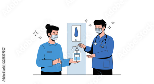 Doctor helping a person sanitize hands with hand sanitizer during pandemic