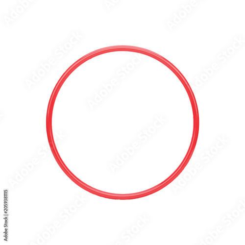A single red circular ring or hoop outline, isolated on a white background, representing a simple geometric shape or a hula hoop