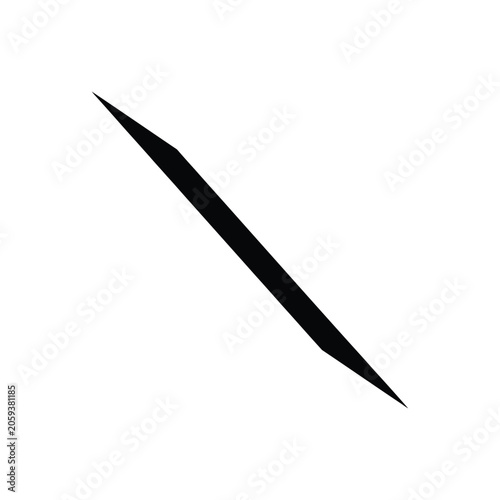 A single, sharp, black diagonal line or slash shape with pointed ends, isolated on a clean white background