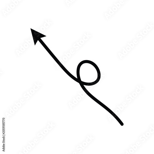 A black hand-drawn arrow pointing upwards with a loop, isolated on a white background, for navigation, path, or direction