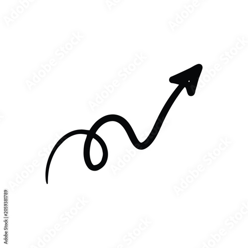 A black hand-drawn arrow with a curvy tail pointing upwards to the right, isolated on a white background, representing growth or progress
