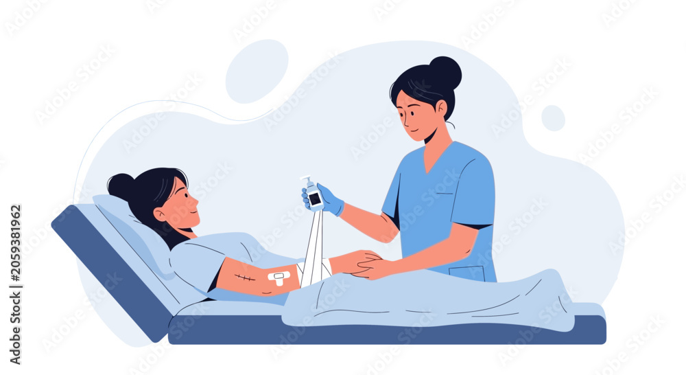Obraz premium Nurse Examining Patient's Arm with Medical Device in Hospital Bed