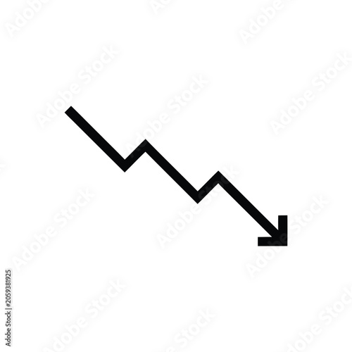 A black line graph showing a downward trend with a jagged zigzag pattern ending in an arrow isolated on a white background, for business