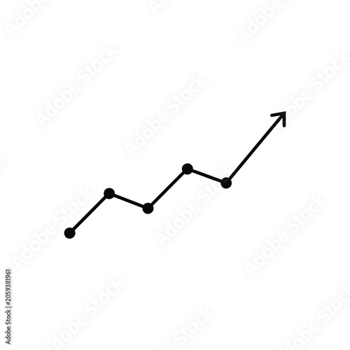 A black line graph with circular data points, showing an upward trend with an arrow, isolated on a white background, business growth concept