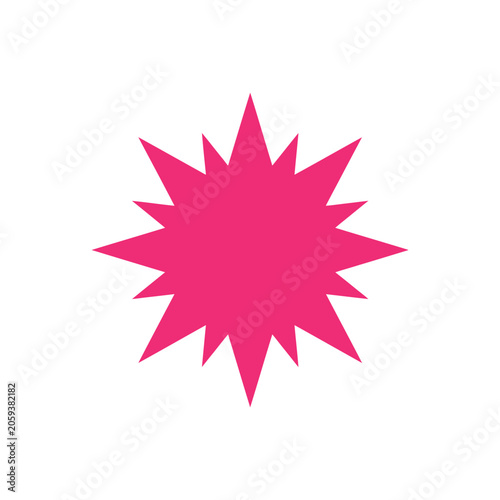 A bright pink starburst or explosion shape with sharp points, isolated on a white background, for use as, a accent or promotional