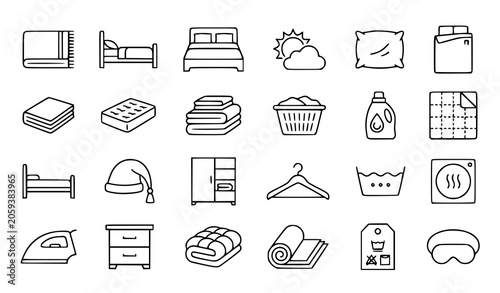 Bild auf Leinwand Laundry and bedding linear icons set black and white outline vector graphics