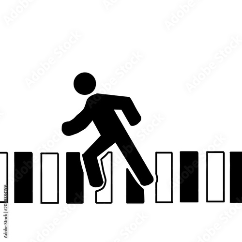 Pedestrian icon walking on a crosswalk or stepping on piano keys, vector illustration isolated on white background. Concept of progress, music journey, or street safety.