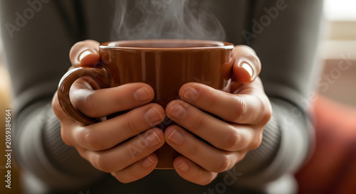 A pair of hands gently cradle a steaming ceramic mug filled with a warm beverage, evoking feelings of comfort and coziness.