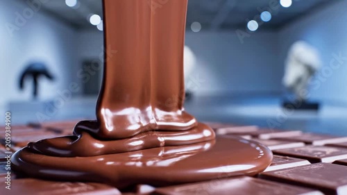 Melted chocolate pouring over a chocolate bar on a table