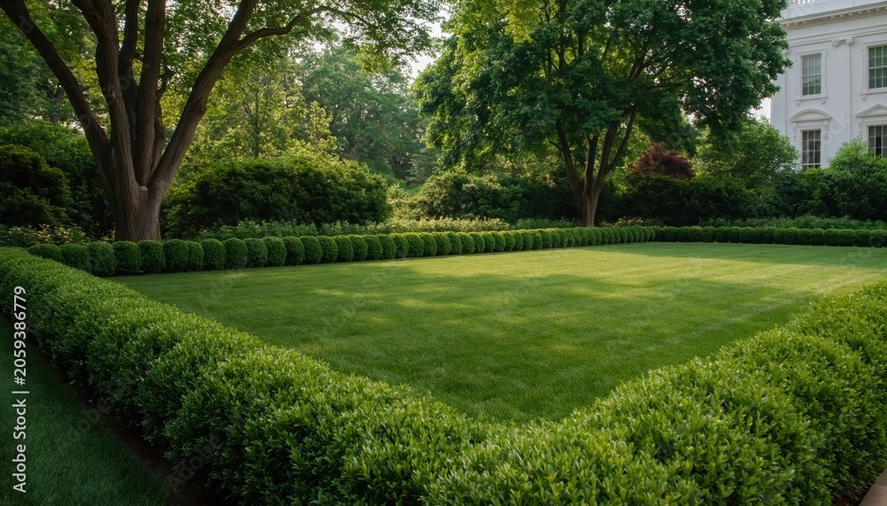 Obraz premium Garden at the white house in washington dc with green lawn and trimmed hedge landscape