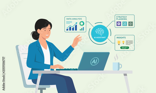 Businesswoman working on laptop with AI assistant interface for data analysis and strategy planning