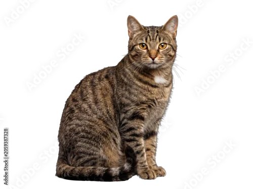 Fototapeta na wymiar Graceful brown tabby cat with bright amber eyes sitting composedly.