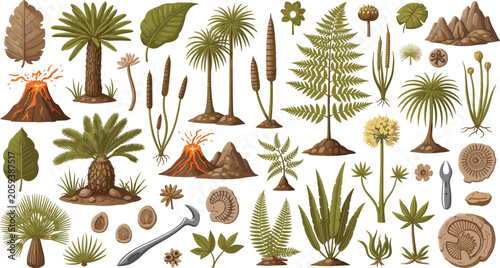 Prehistoric Plant and Fossil Collection Vector Illustration with Ancient Ferns, Cycads, Volcanic Landscapes, Paleozoic Flora and Natural History Elements