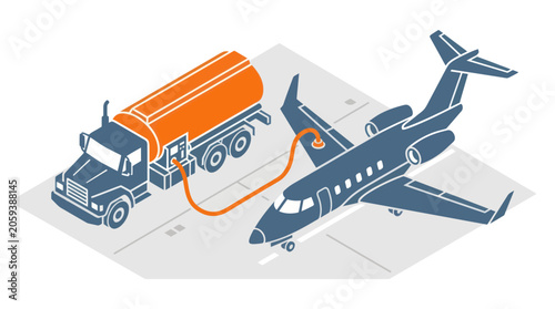 Fuel Truck Refueling Private Jet Vector Illustration