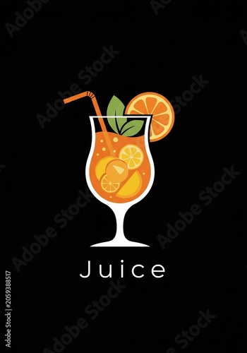 Vibrant Citrus Elixir: Hand-drawn graphic of a refreshing orange juice cocktail with fruit slices on a dramatic black backdrop.