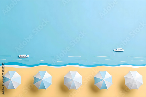 Artistic Papercut Seaside Scene with Beach Umbrellas and Gentle Waves.