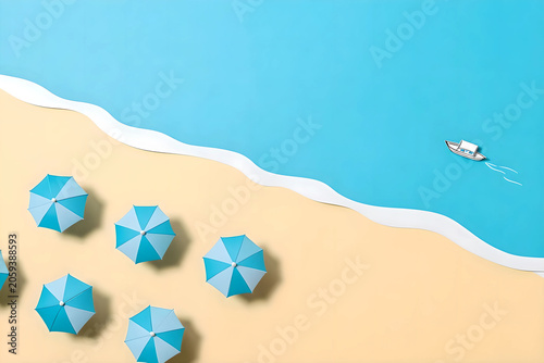 Artistic Papercut Seaside Scene with Beach Umbrellas and Gentle Waves.