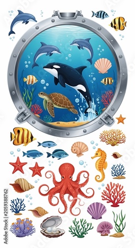 Vibrant Ocean Life: Playful Dolphins, Majestic Orca, Gentle Turtle through a Porthole Window with Coral & Sea Creatures.