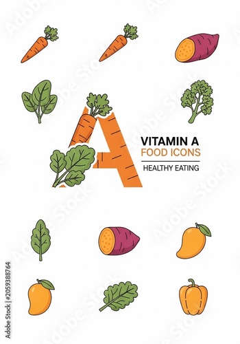 Vibrant Vitamin A Foods: Carrot, Mango, Sweet Potato, Spinach Icons - Healthy Eating Art