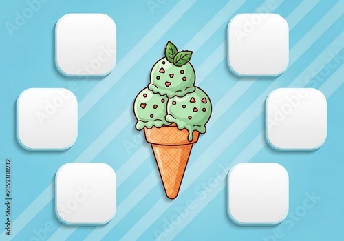 Minty Green Ice Cream Cone, Whimsical Hand-Drawn Delight on Striped Background, Sweet Summer Treat