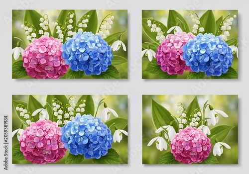 Lush Hydrangeas & Lily of the Valley Bloom: Soft, Vibrant Spring Bouquet Delicate Pink & Blue Hydrangeas, Verdant Leaves: Gentle Spring Floral Arrangement