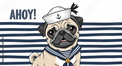 Nautical Pug's 'Ahoy!' - Adorable Hand-Drawn Canine Sailor in Blue Stripes