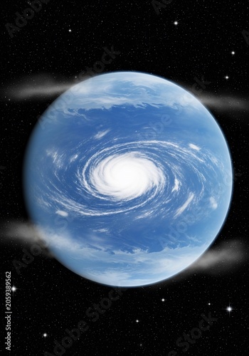 Cosmic Swirl: Azure Planet with Hurricane Eye Amidst Stardust