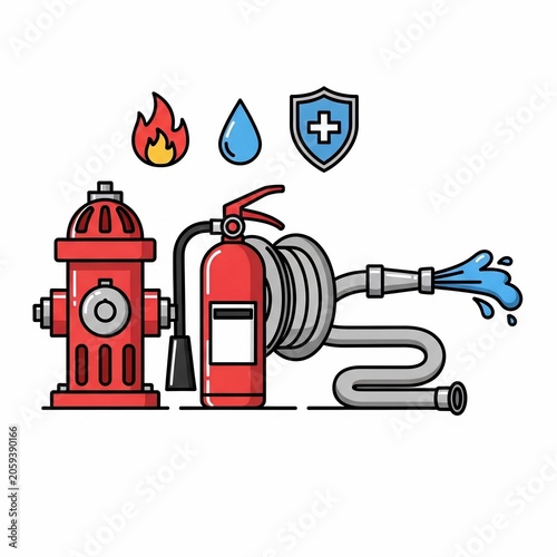 Vibrant illustration: Hydrant, extinguisher, hose spray, fire, water, shield. Safety icons.