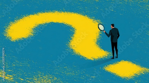 A man in a suit examines a large, yellow question mark on a blue textured background with a magnifying glass.