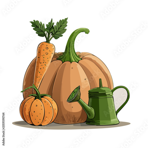 Cartoon Pumpkin, Carrot, and Watering Can Illustration