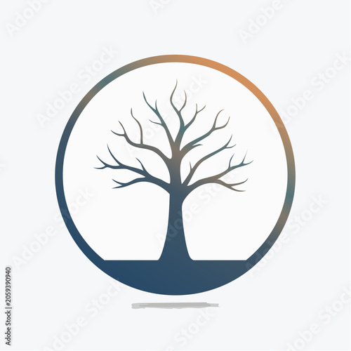 Stylized bare tree silhouette inside a circular frame