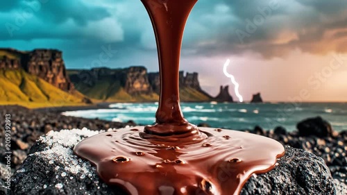 A surreal scene of rich, flowing chocolate on rocks with a stormy coastal landscape