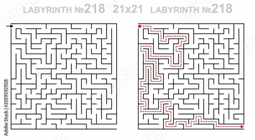 Labyrinth game grid with answers. Square labyrinth 21x21 with solution. Maze for kids activity. Easy print.