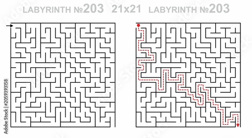 Empty grid template. Square labyrinth 21x21 with solution. Maze for kids activity. Labyrinth game grid. Easy level.