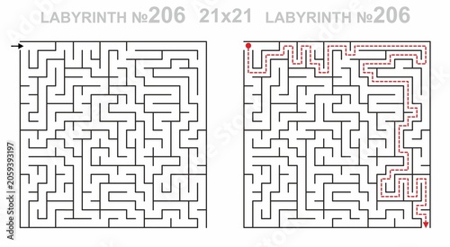 Solved maze vector 21x21 with answer key. Square labyrinth for kids activity. Maze challenge with answers. Easy to use.