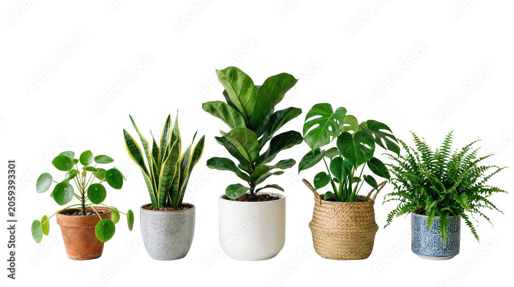 Fototapeta premium Five potted houseplants, including a pilea, snake plant, fiddle leaf fig, monstera, and fern, arranged on a surface