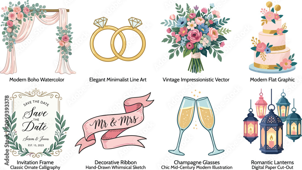 Fototapeta premium Wedding Celebration Vector Collection Featuring Floral Arch Rings Bouquet Cake Invitation and Romantic Decorative Elements