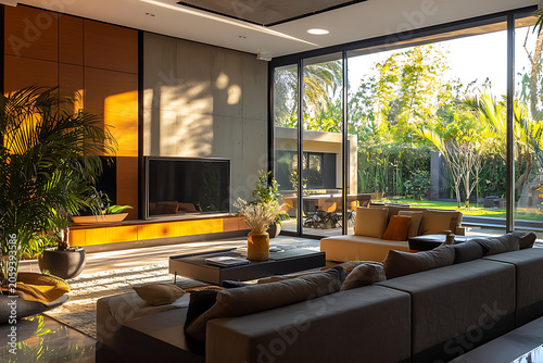 Modern Living Room with Large Windows Natural Light and Stylish Contemporary Home Interior Design.