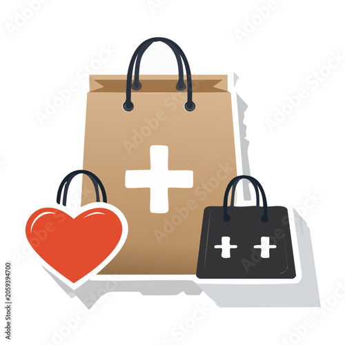 Flat illustration of shopping bags with medical symbols