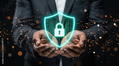 Cybersecurity concept hands holding digital shield with padlock data protection and network security illustration