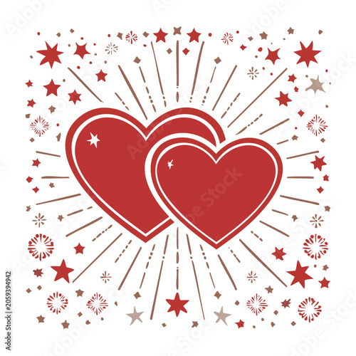 Two Red Hearts with Stars and Fireworks Illustration