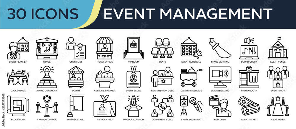 Obraz premium Collection of Event Management icons, related to Event Planner, Guest List, VIP Room, Gala Dinner, Catering Service and more. Outline icons vector illustation.