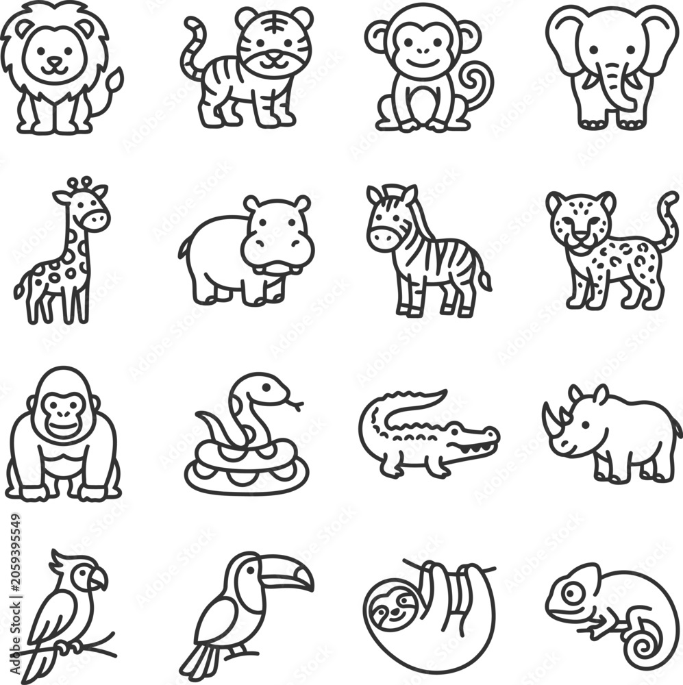 Fototapeta premium Black line drawn cartoon animals icons on white background