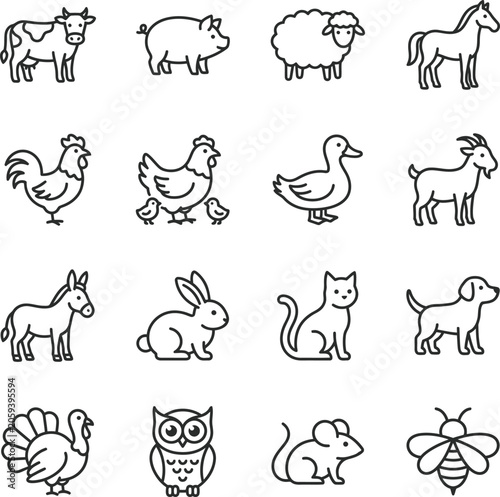Black line drawn farm and domestic animals icons on white background