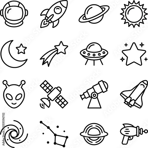 Black line icons of various space and astronomy related objects and symbols