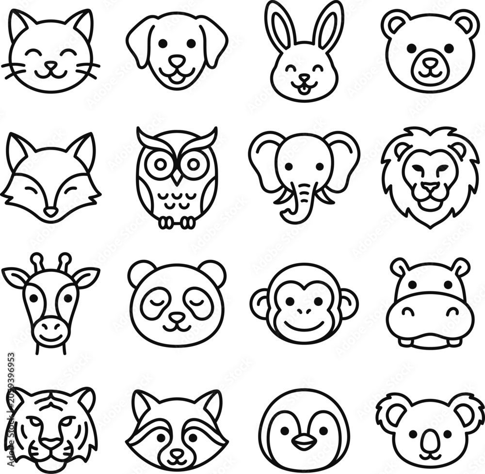 Fototapeta premium Collection of cute animal faces in line art style on white background